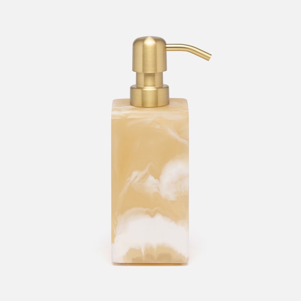 Pigeon & Poodle Duluth soap pump, honey alabaster with brushed gold pump head.