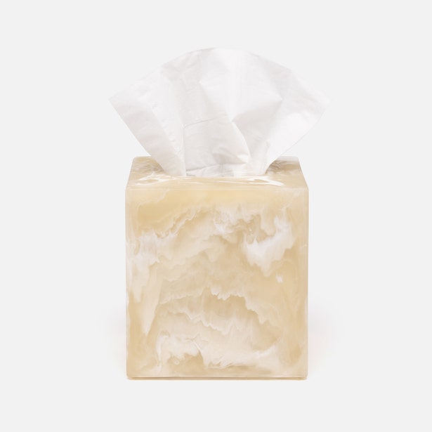 Duluth tissue box in honey onyx resin with swirling ivory and gold veining, tissue emerging from top.