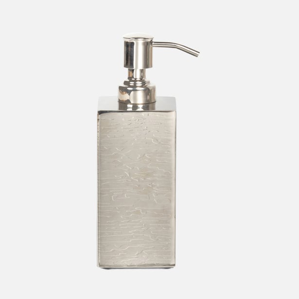 Pigeon & Poodle Elgin soap pump in silver with embossed texture and polished pump top.