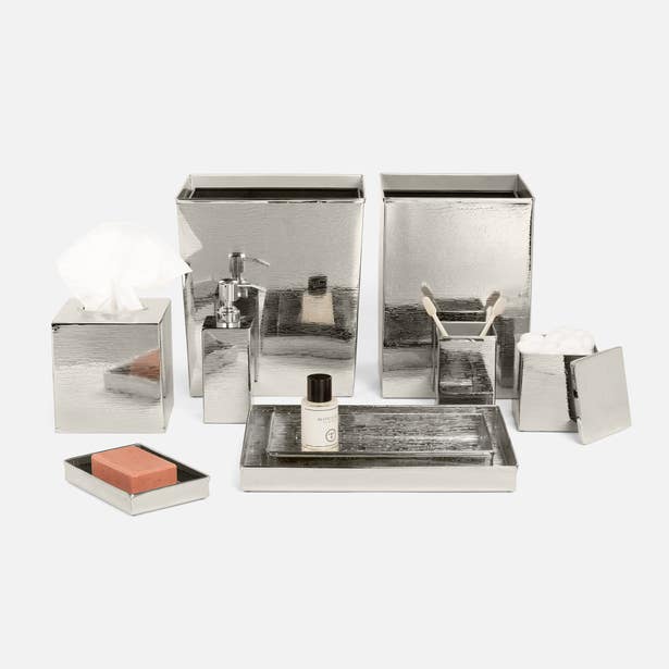 Pigeon & Poodle Elgin collection in polished nickel, full bathroom accessory set styled together.