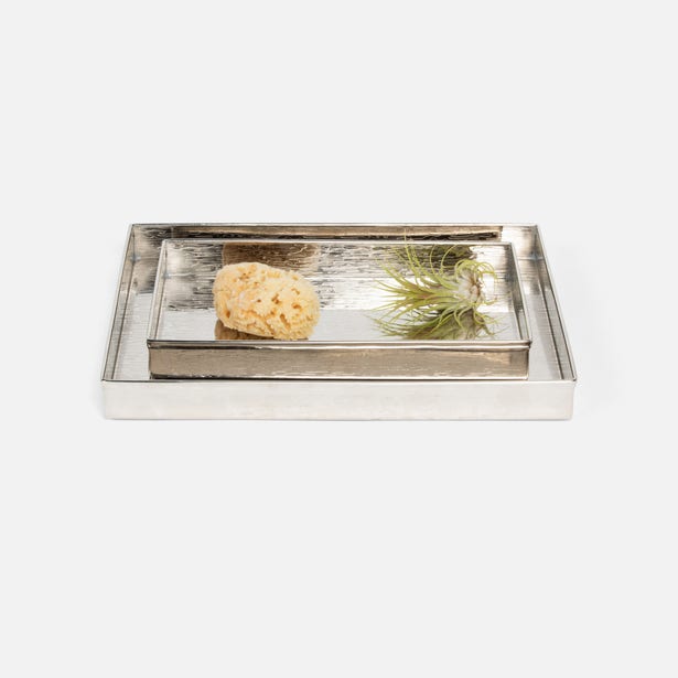 Pigeon & Poodle Elgin nesting tray set in polished silver with hammered texture surface.