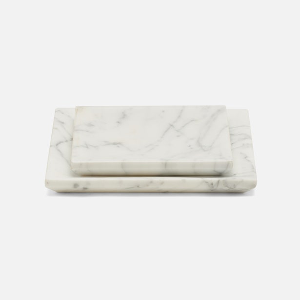 Two white marble Elyria nesting trays stacked, showing grey veining and rounded corners.