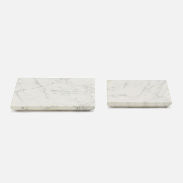 Two Elyria white marble nesting trays with grey veining, shown side by side on grey background.