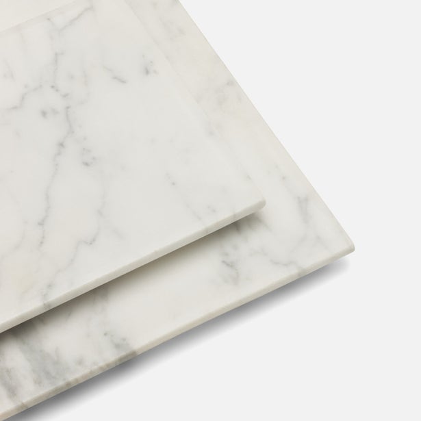 Two white marble Elyria nesting trays stacked, showing grey veining and slim profile edges.