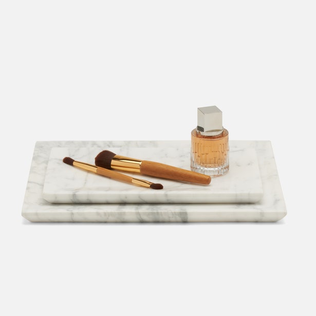 Pigeon & Poodle Elyria trays styled with makeup brushes and perfume bottle.
