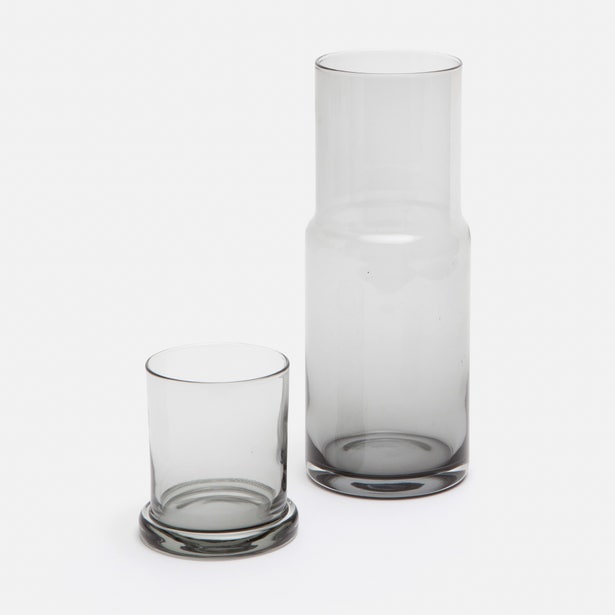 Pigeon & Poodle Faro carafe with tumbler in smoky grey glass on white background.