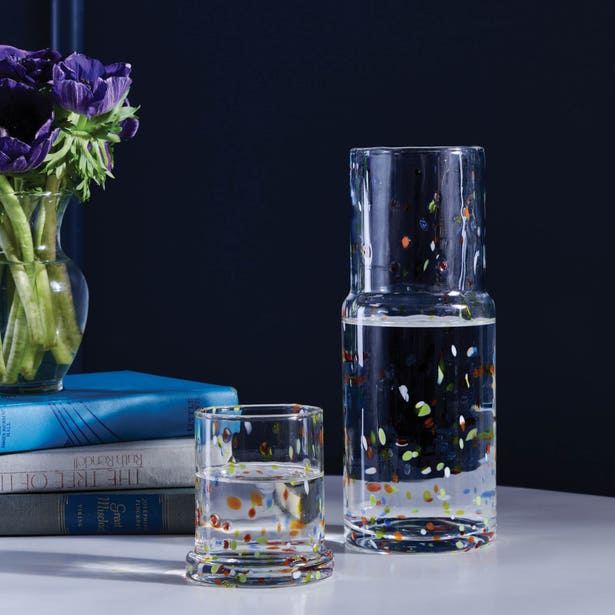 Pigeon & Poodle Faro carafe with tumbler, clear glass with multicolor confetti dots.