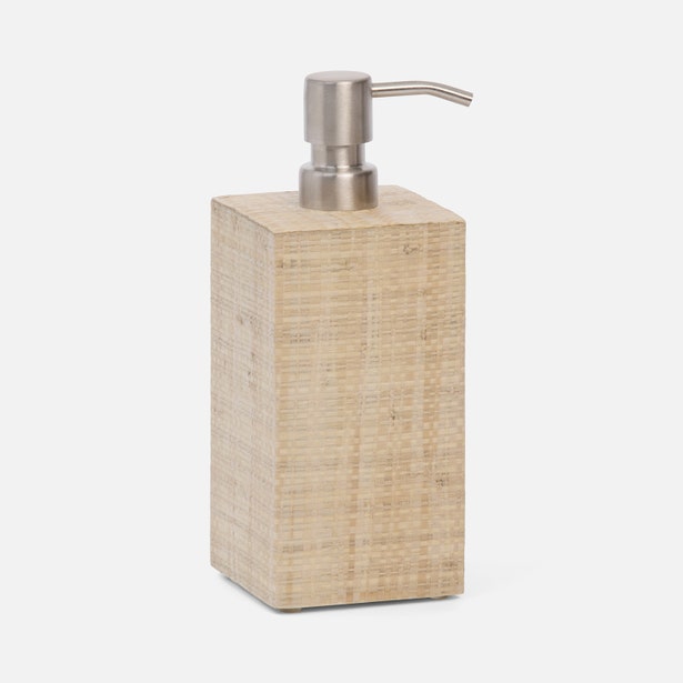 Pigeon & Poodle Ghent soap pump in natural rattan texture with brushed nickel pump top.