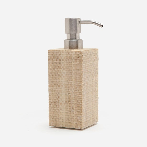 Pigeon & Poodle Ghent soap pump, angled view showing woven texture and brushed nickel pump.