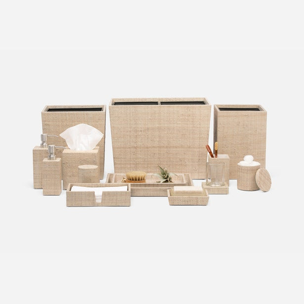 Pigeon & Poodle Ghent bath accessories collection in natural woven texture, full set styled.