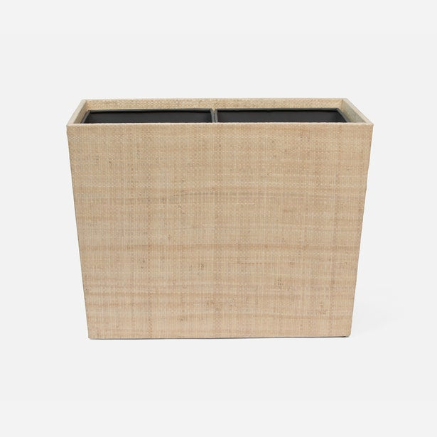 Pigeon & Poodle Ghent wastebasket in natural raffia, rectangular form with dark interior lining.