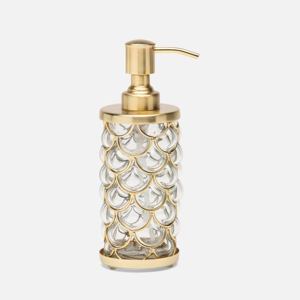 Pigeon & Poodle Gila soap pump with scalloped glass body and brushed gold hardware.