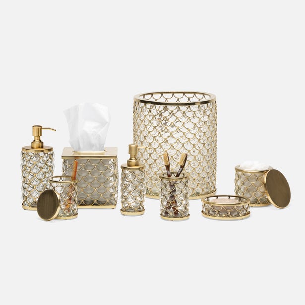Pigeon & Poodle Gila brush holder in gold crystal mosaic scale pattern, shown with full bath accessory collection.