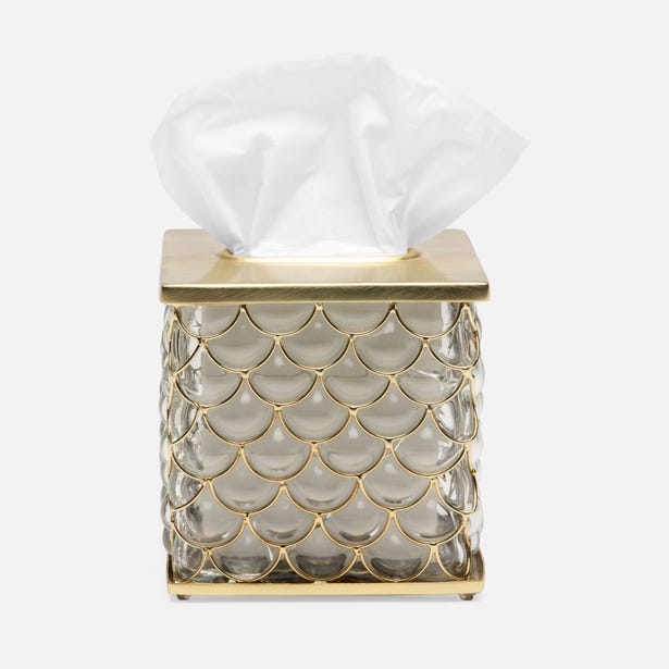 Pigeon & Poodle Gila tissue box in glass with gold scallop overlay, white tissue visible.