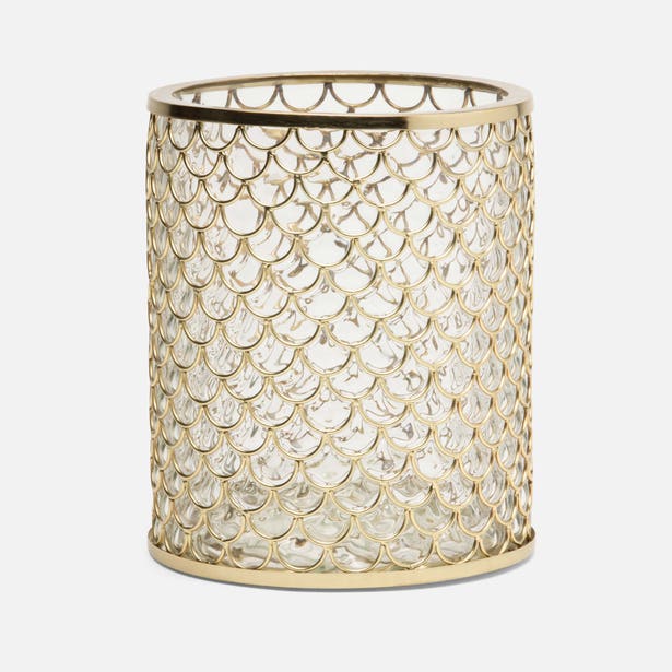 Pigeon & Poodle Gila wastebasket in gold with crystal scallop lattice pattern.