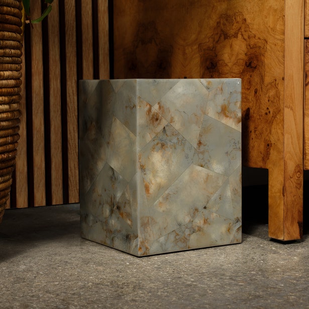 Pigeon & Poodle Gorman soap pump in sage marble finish, geometric faceted surface detail.