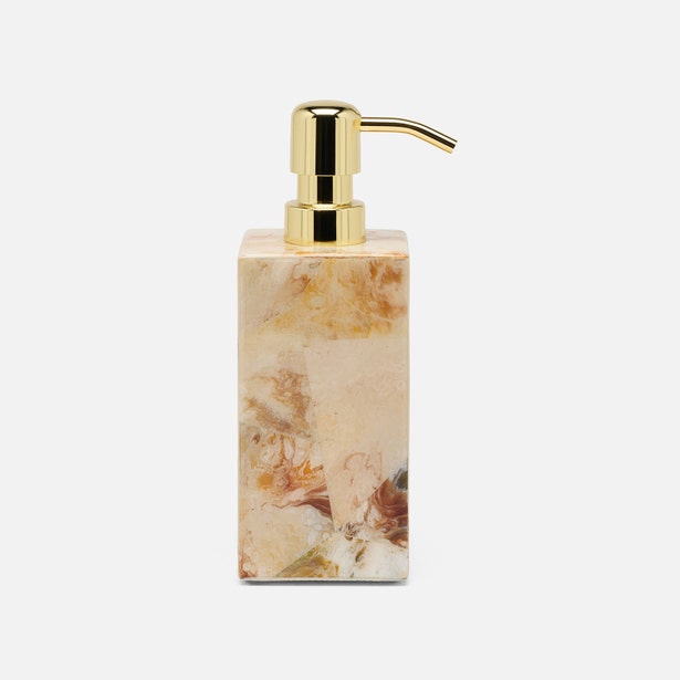 Pigeon & Poodle Gorman soap pump in warm marble with gold-toned metal dispenser.