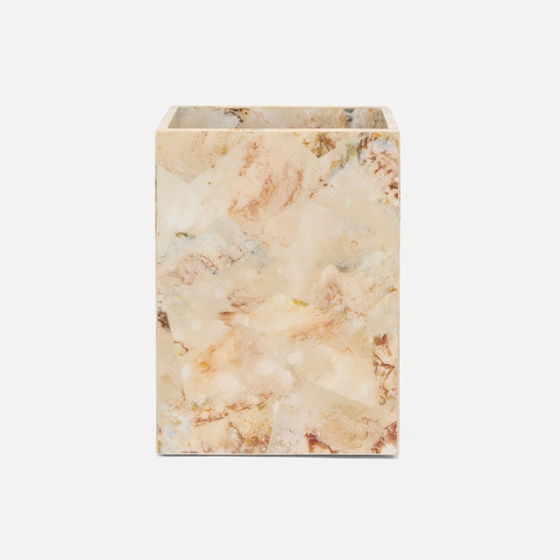 Pigeon & Poodle Gorman wastebasket in cream and rust marbled onyx stone.