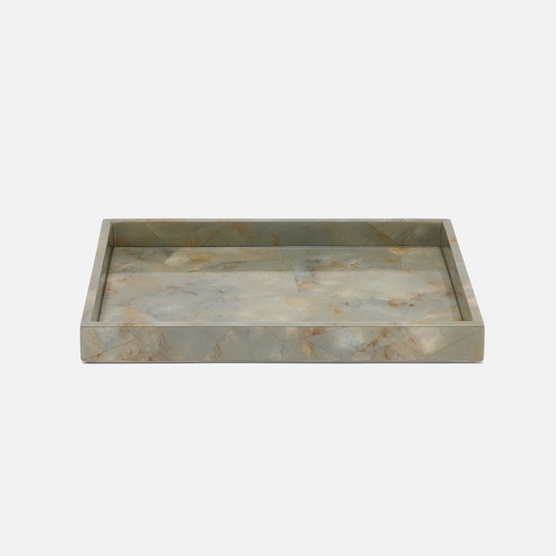 Gorman tray in sage green marbled finish, rectangular with low sides, angled view.