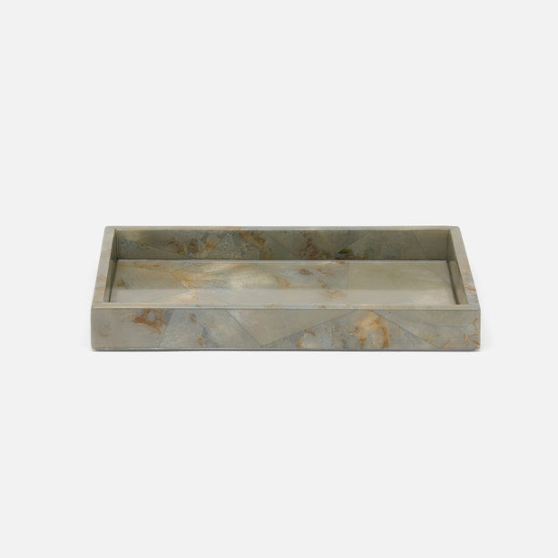 Pigeon & Poodle Gorman tray in sage green marble with amber veining, angled view.