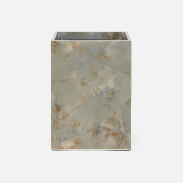 Pigeon & Poodle Gorman wastebasket, angled view showing stone-inlay mosaic panels in sage and gold.