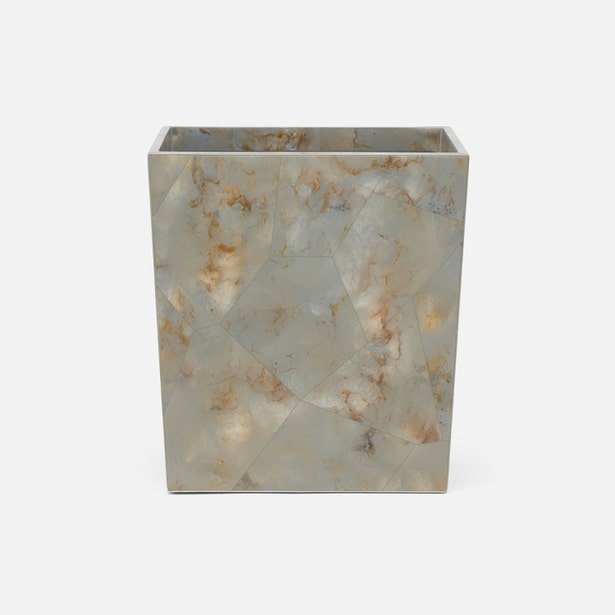 Pigeon & Poodle Gorman wastebasket with faceted mother-of-pearl mosaic panels in ivory and gold tones.