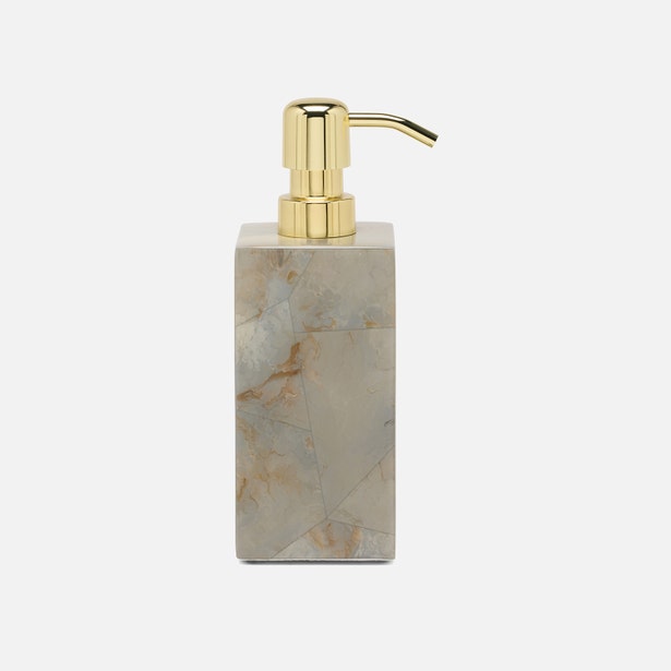 Pigeon & Poodle Gorman soap pump, angled view showing grey marble body with gold pump top.