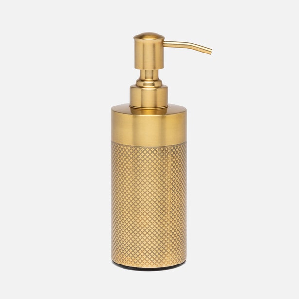 Pigeon & Poodle Hagen soap pump in brushed gold with knurled texture detail.