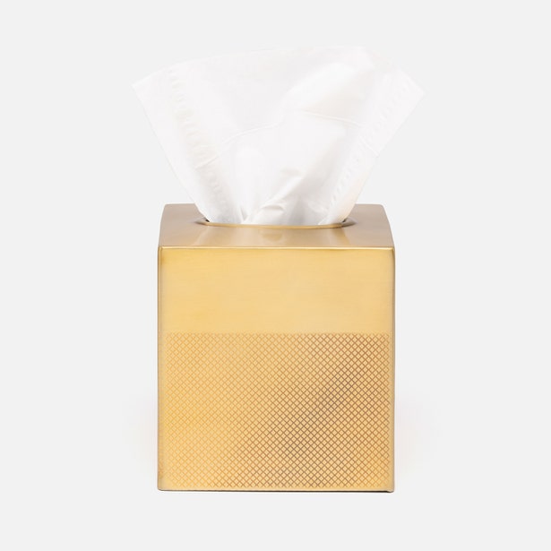 Pigeon & Poodle Hagen tissue box in brushed gold with embossed diamond texture pattern.