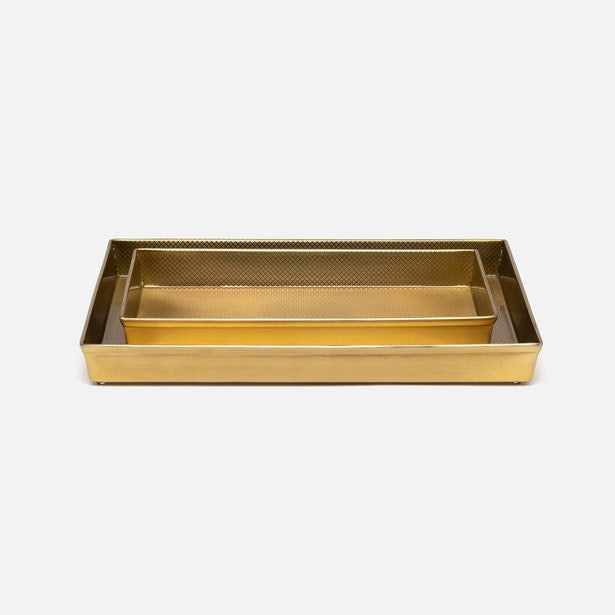 Pigeon & Poodle Hagen gold metal nesting tray set with perforated texture detail.
