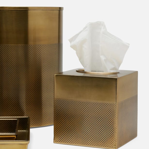 Antique brass tissue box cover and wastebasket with diamond-etched texture detail.