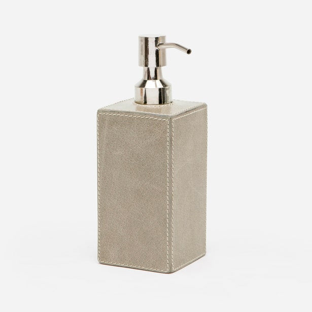Pigeon & Poodle Hampton soap pump in taupe suede with white stitching and nickel pump.
