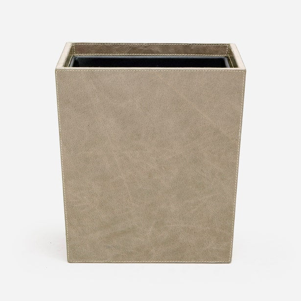 Pigeon & Poodle Hampton wastebasket in taupe faux leather with contrast stitching.
