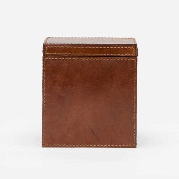 Pigeon & Poodle Hampton bath canister in cognac leather, side view showing stitched seams.