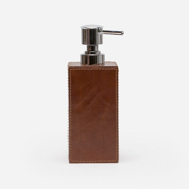 Pigeon & Poodle Hampton soap pump in tan leather with contrast stitching and chrome pump.