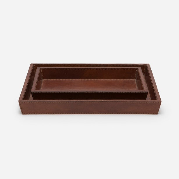 Two cognac leather Hampton nesting trays stacked, showing contrast stitching detail.