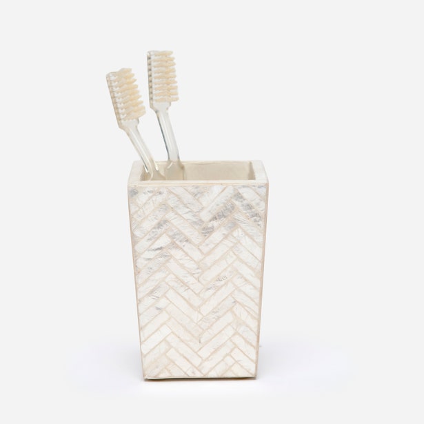 Pigeon & Poodle Handa brush holder in ivory herringbone bone inlay with two toothbrushes.