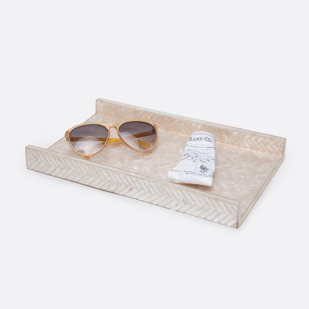 Pigeon & Poodle Handa hand towel tray in ivory herringbone inlay with sunglasses and hand cream.