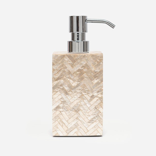 Pigeon & Poodle Handa soap pump in ivory mother-of-pearl herringbone with chrome pump.
