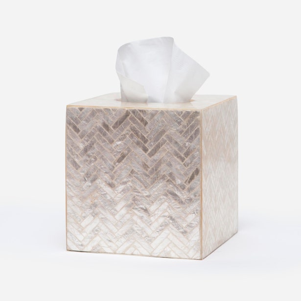 Pigeon & Poodle Handa tissue box in ivory herringbone bone inlay with tissue.