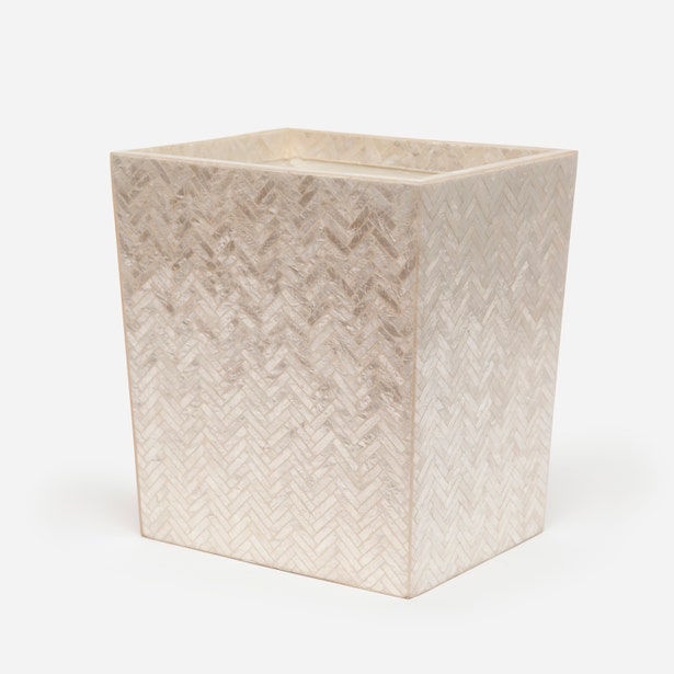 Pigeon & Poodle Handa wastebasket in ivory herringbone bone inlay pattern.