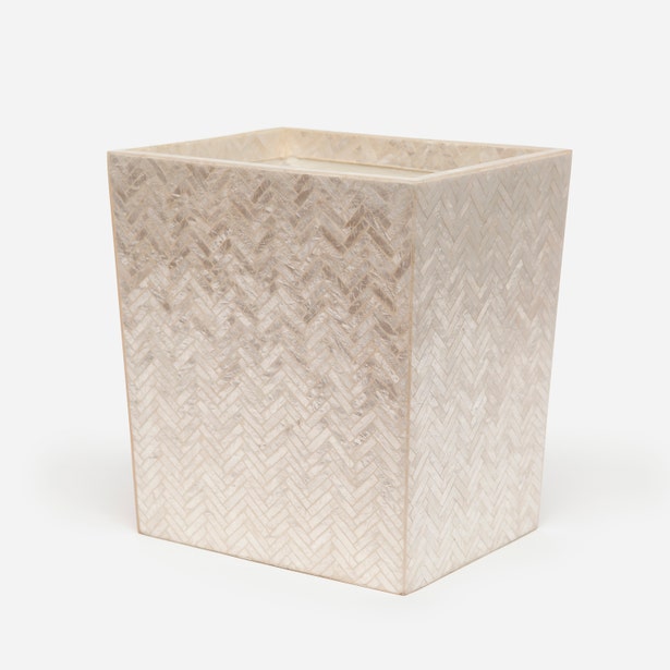 Pigeon & Poodle Handa wastebasket in ivory herringbone texture, angled view.