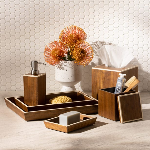 Pigeon & Poodle Harper soap dish styled with walnut bath accessories on marble surface.