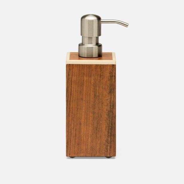 Pigeon & Poodle Harper soap pump in warm walnut wood with brushed nickel pump top.