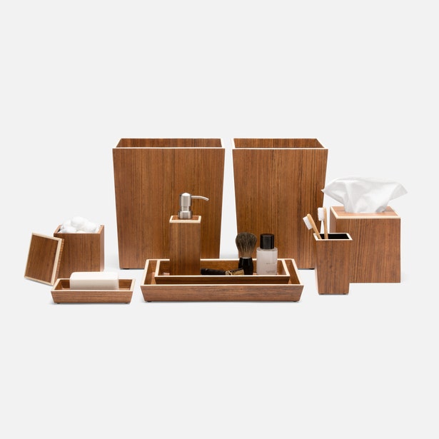 Pigeon & Poodle Harper bathroom accessories collection in warm teak wood finish.