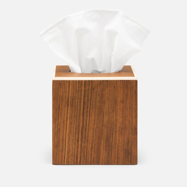 Pigeon & Poodle Harper tissue box in warm teak wood with white marble top accent.