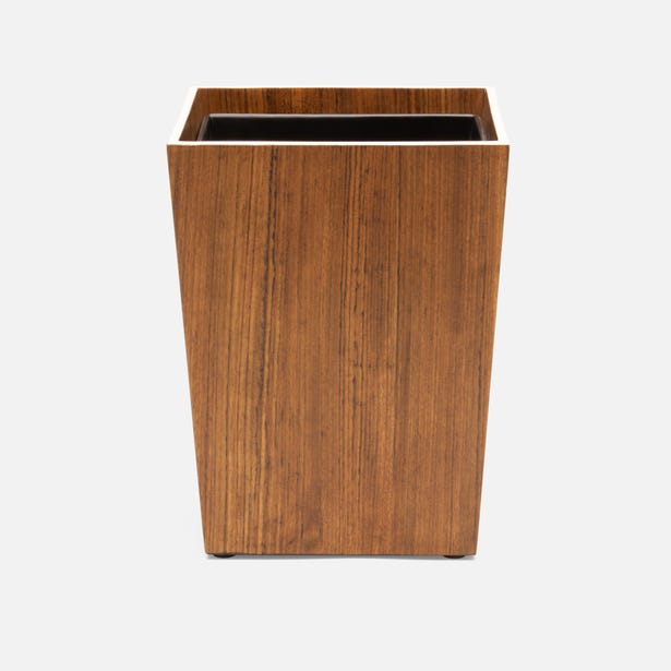 Pigeon & Poodle Harper wastebasket in warm walnut-tone wood veneer with black interior.