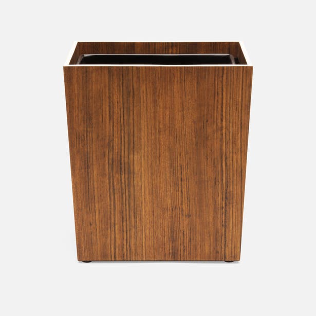 Pigeon & Poodle Harper wastebasket in warm walnut wood grain finish, front view.