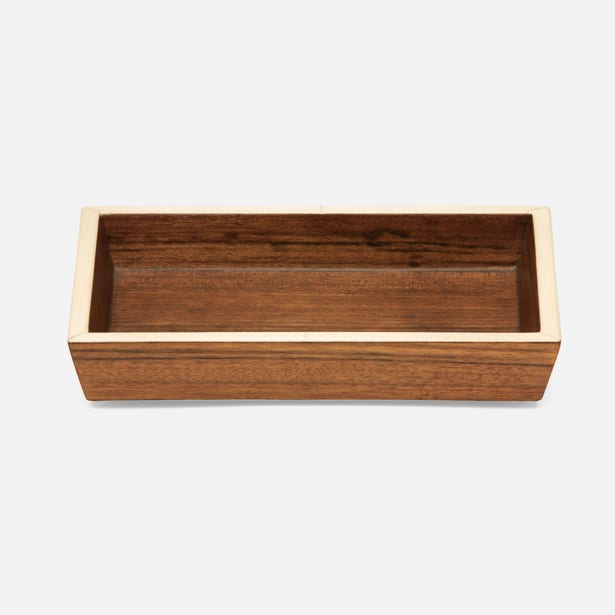 Pigeon & Poodle Harper soap dish in walnut wood with bone resin trim, rectangular form.