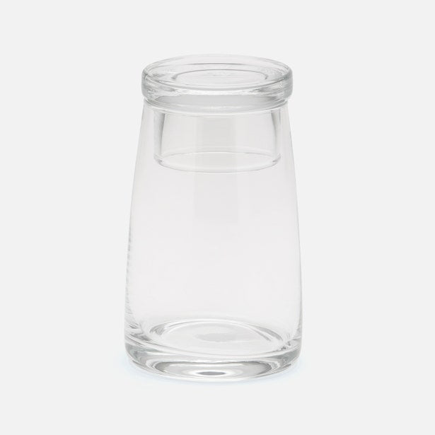 Clear glass Pigeon & Poodle Hawley carafe with fitted lid, tapered silhouette on neutral background.